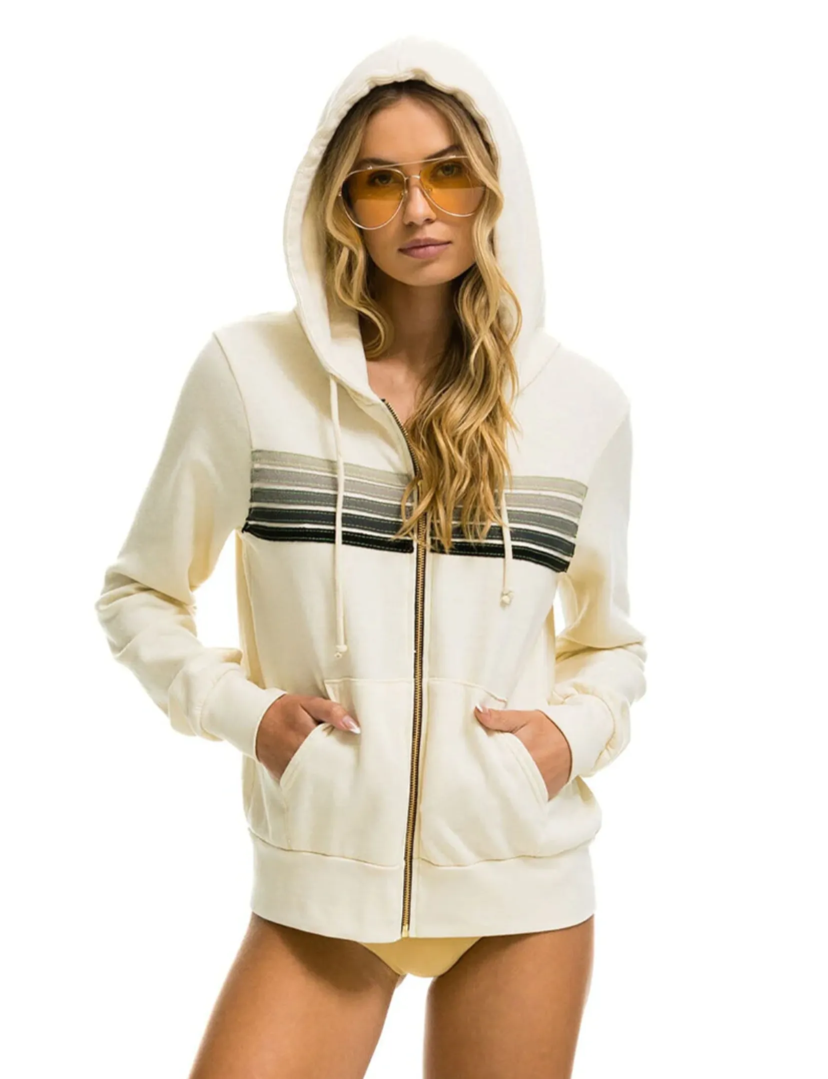 5 Stripe Relaxed Zip Hoodie, Vintage White/Grey