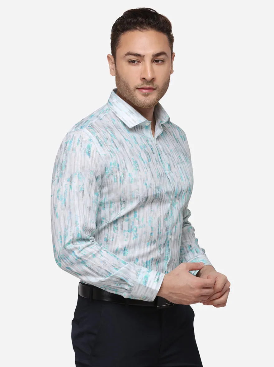 Aqua Blue & White Printed Slim Fit Formal Shirt | JadeBlue