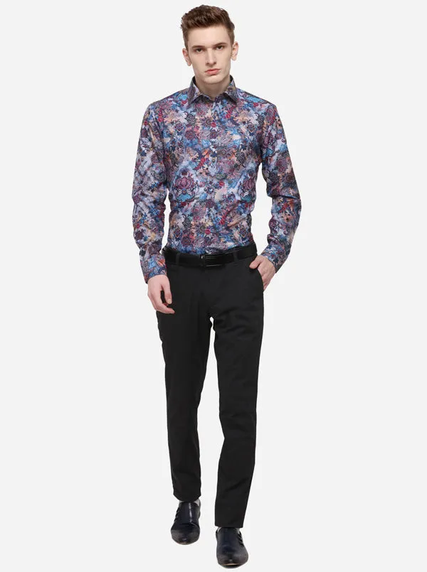 Ash Blue Printed Slim Fit Party Wear Shirt | Wyre