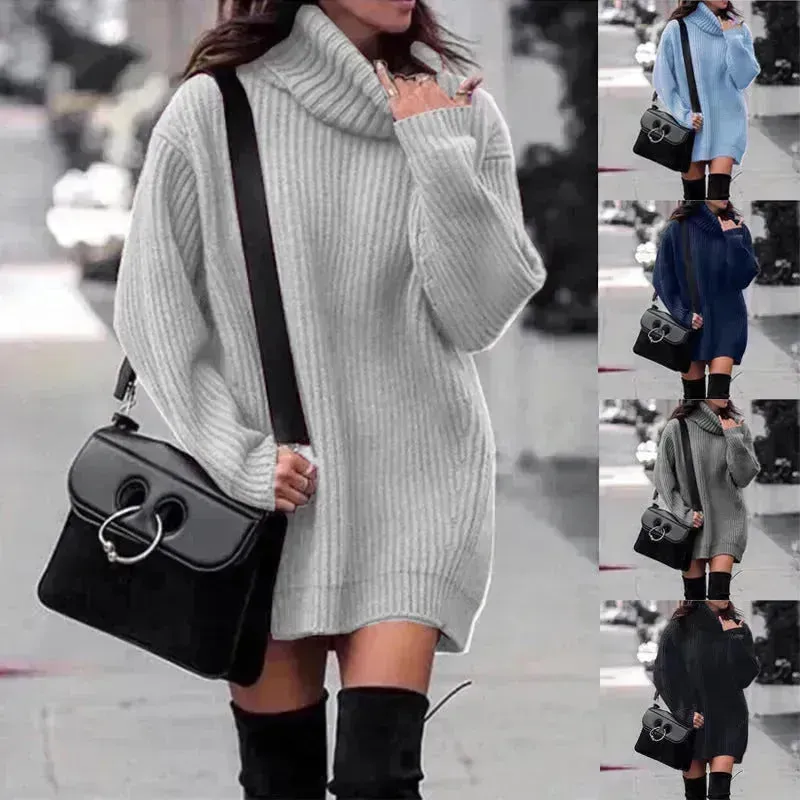 Autumn Winter Solid Cashmere oversized Knitted Mini Turtleneck Sweater Dress