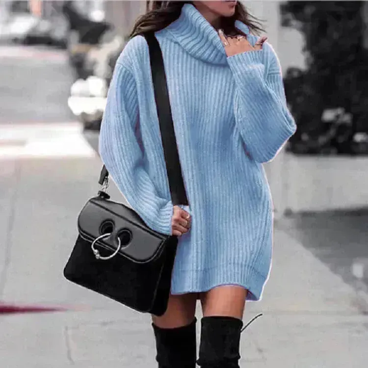 Autumn Winter Solid Cashmere oversized Knitted Mini Turtleneck Sweater Dress