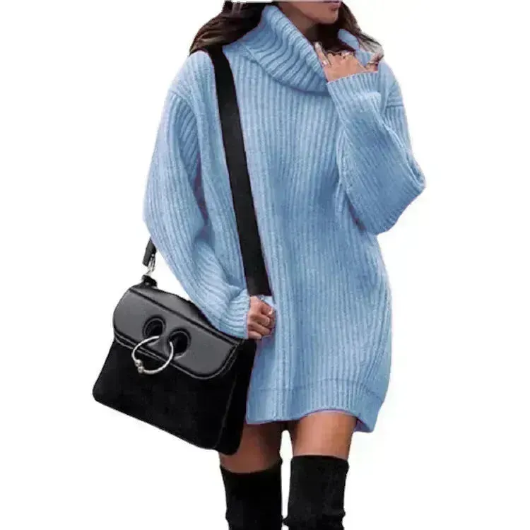 Autumn Winter Solid Cashmere oversized Knitted Mini Turtleneck Sweater Dress