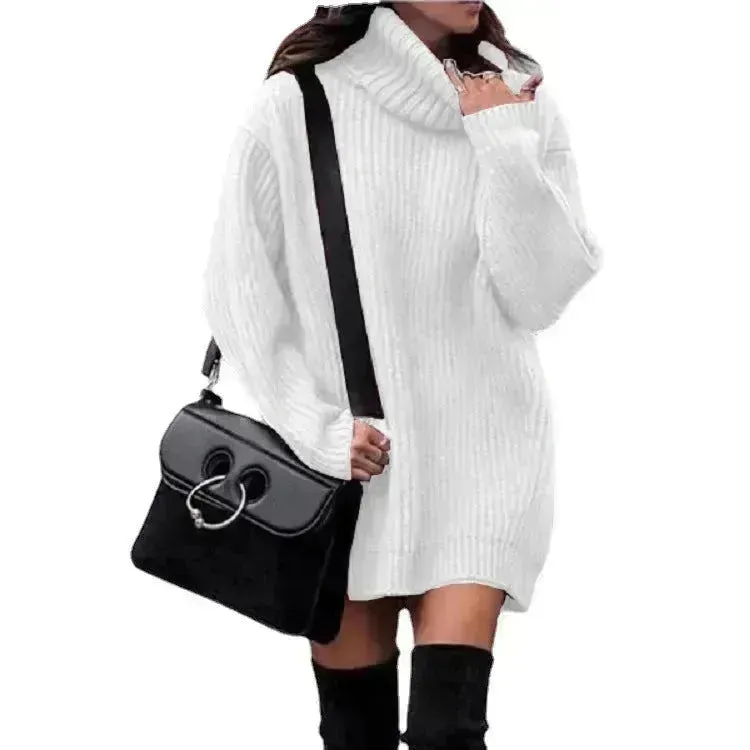 Autumn Winter Solid Cashmere oversized Knitted Mini Turtleneck Sweater Dress