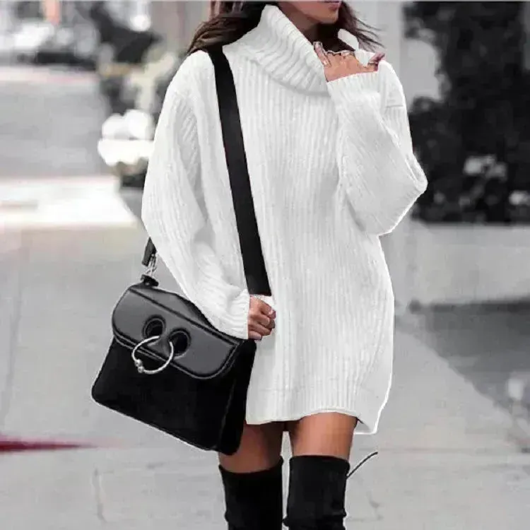 Autumn Winter Solid Cashmere oversized Knitted Mini Turtleneck Sweater Dress