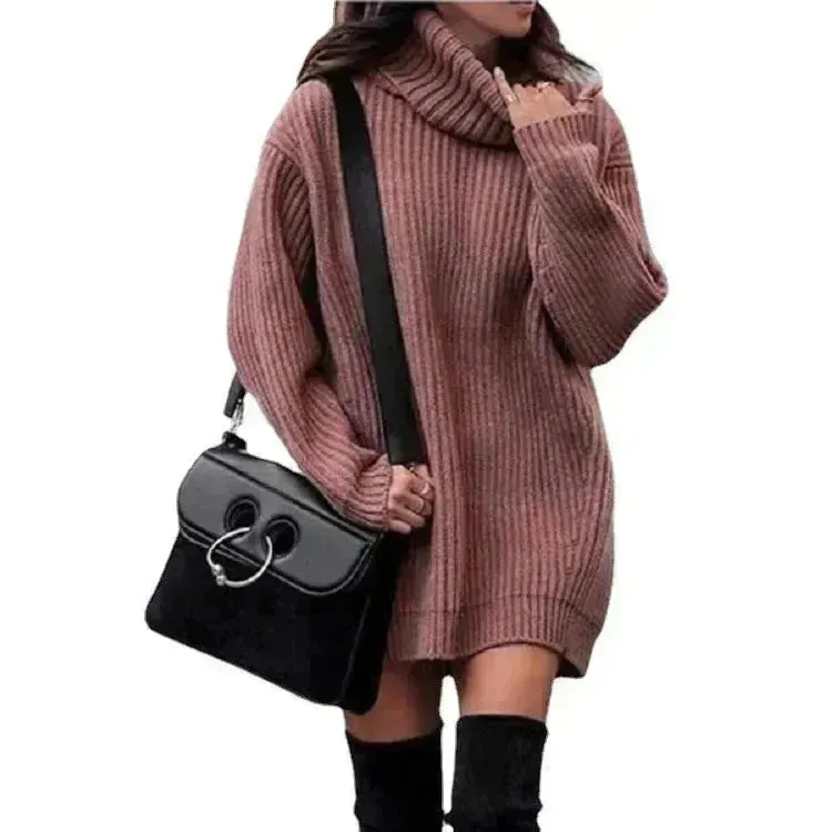 Autumn Winter Solid Cashmere oversized Knitted Mini Turtleneck Sweater Dress