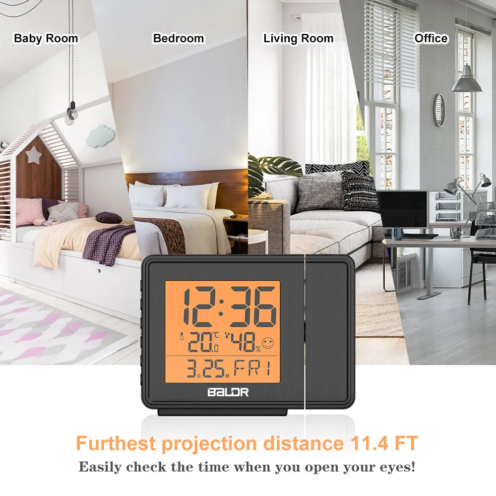 BALDR Digital Time Projection Alarm Clock WWVB - Atomic Time Projector on Ceiling Wall with Orange Backlight, Calendar Temperature Display, Adjustable Brightness