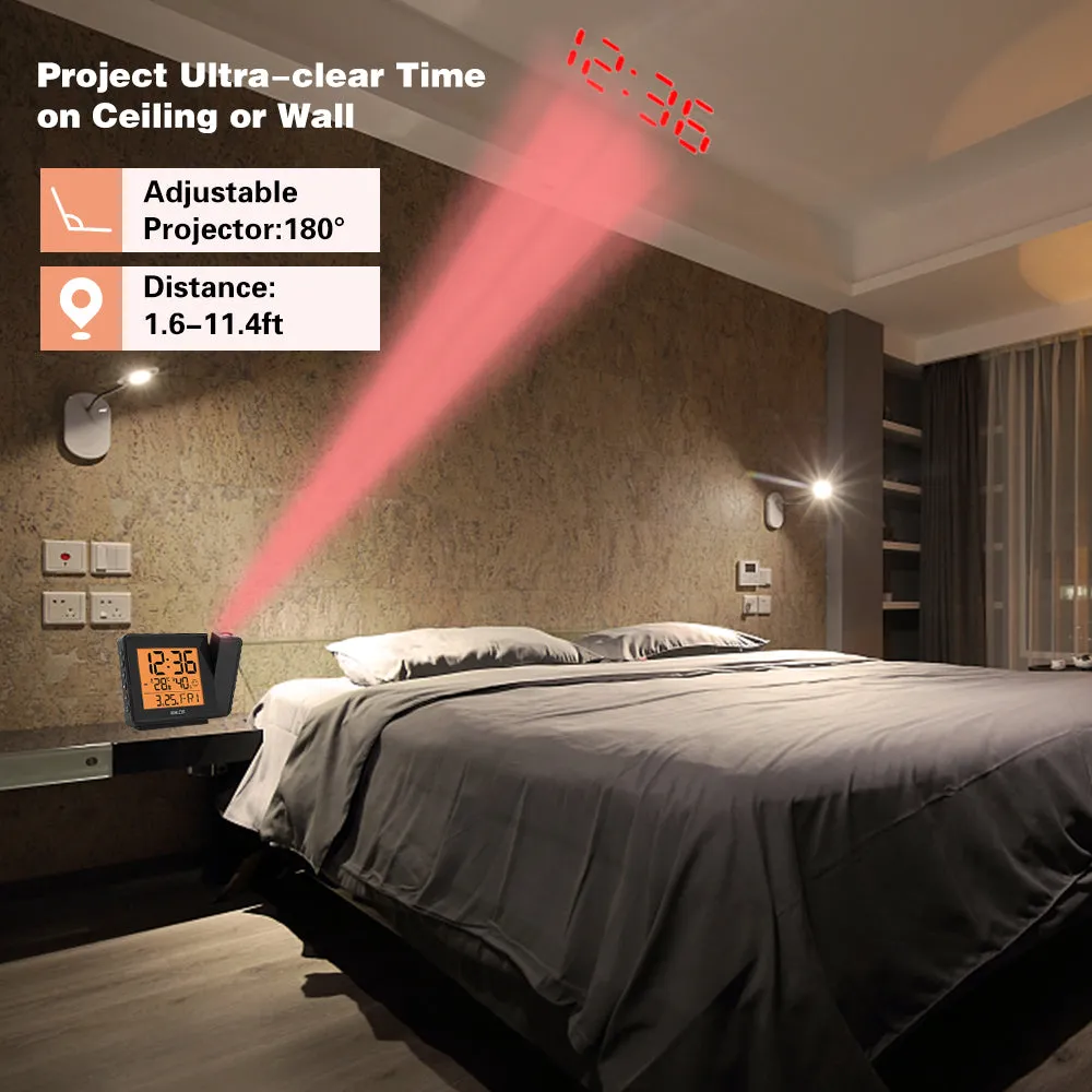 BALDR Digital Time Projection Alarm Clock WWVB - Atomic Time Projector on Ceiling Wall with Orange Backlight, Calendar Temperature Display, Adjustable Brightness