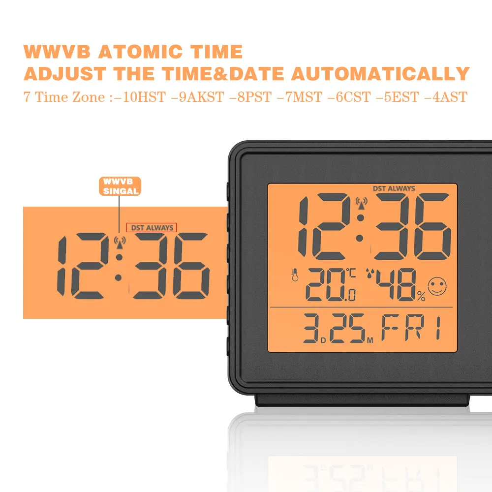 BALDR Digital Time Projection Alarm Clock WWVB - Atomic Time Projector on Ceiling Wall with Orange Backlight, Calendar Temperature Display, Adjustable Brightness