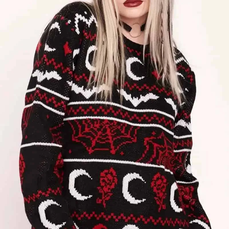 Bats, Moons and Skulls Oversize Knitted Sweater