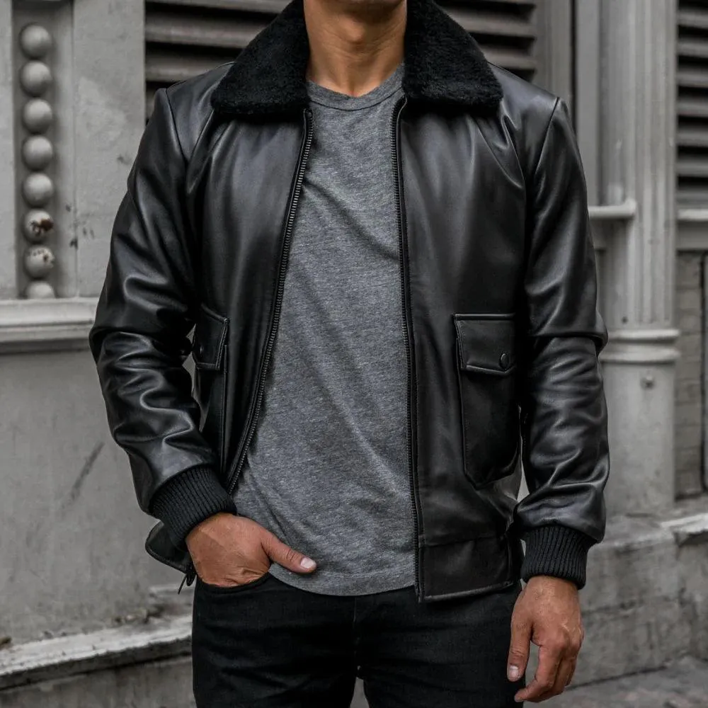 Black Aircraft Shearling Bomber Leather Jacket for Men