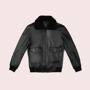 Black Aircraft Shearling Bomber Leather Jacket for Men