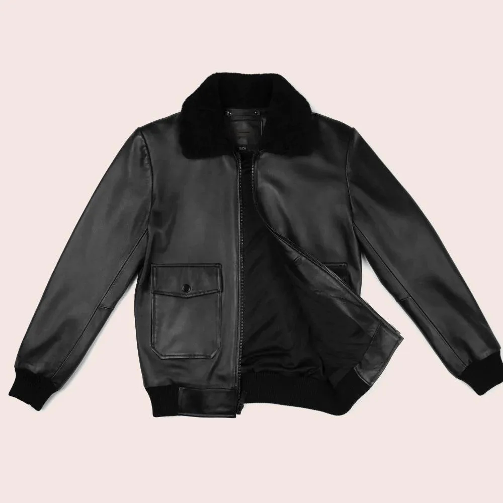 Black Aircraft Shearling Bomber Leather Jacket for Men