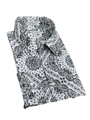 Black and White Paisley Print Long Sleeve Men's Dress casual Shirts