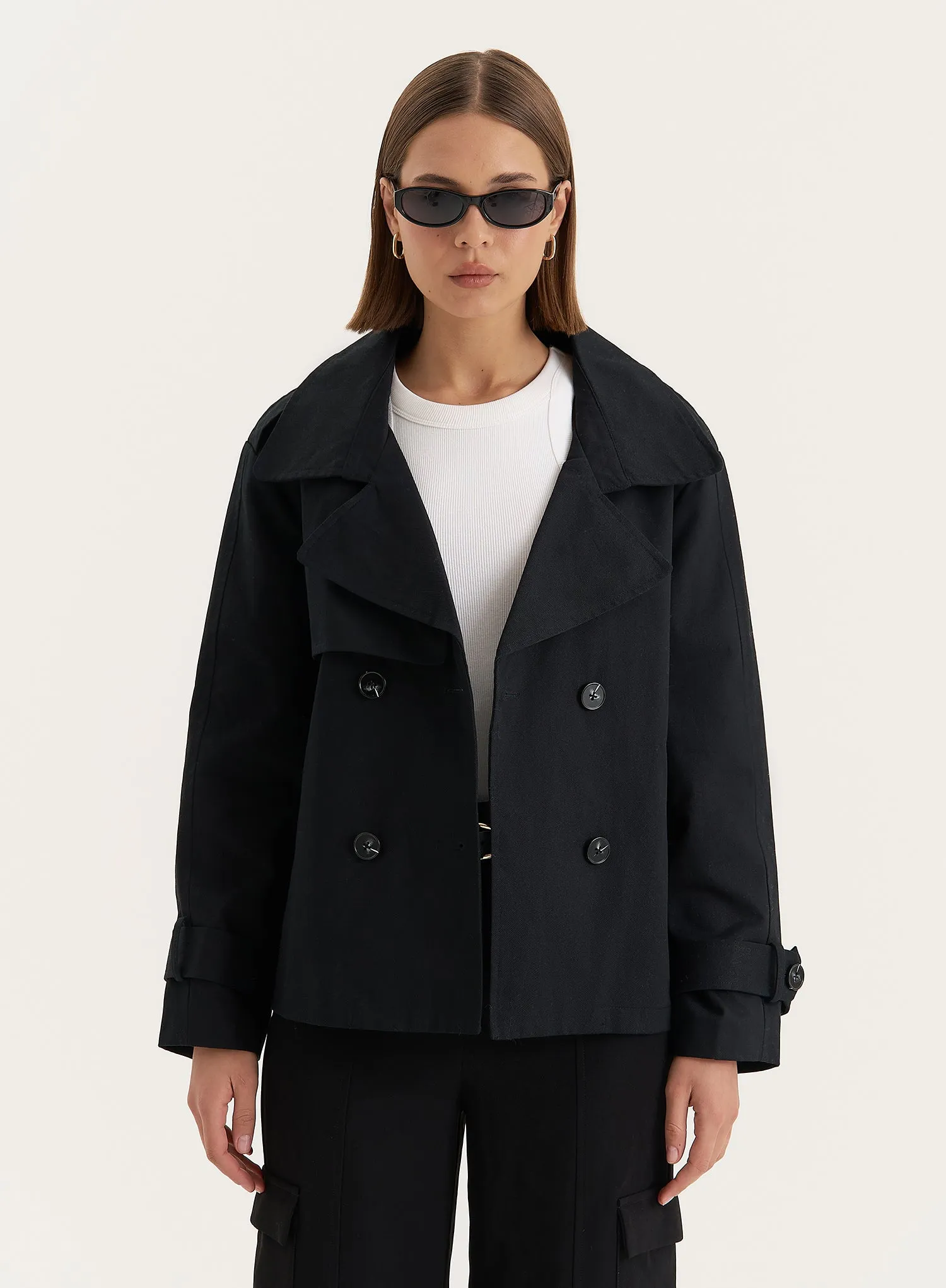 Black Cropped Trench Coat- Harlia