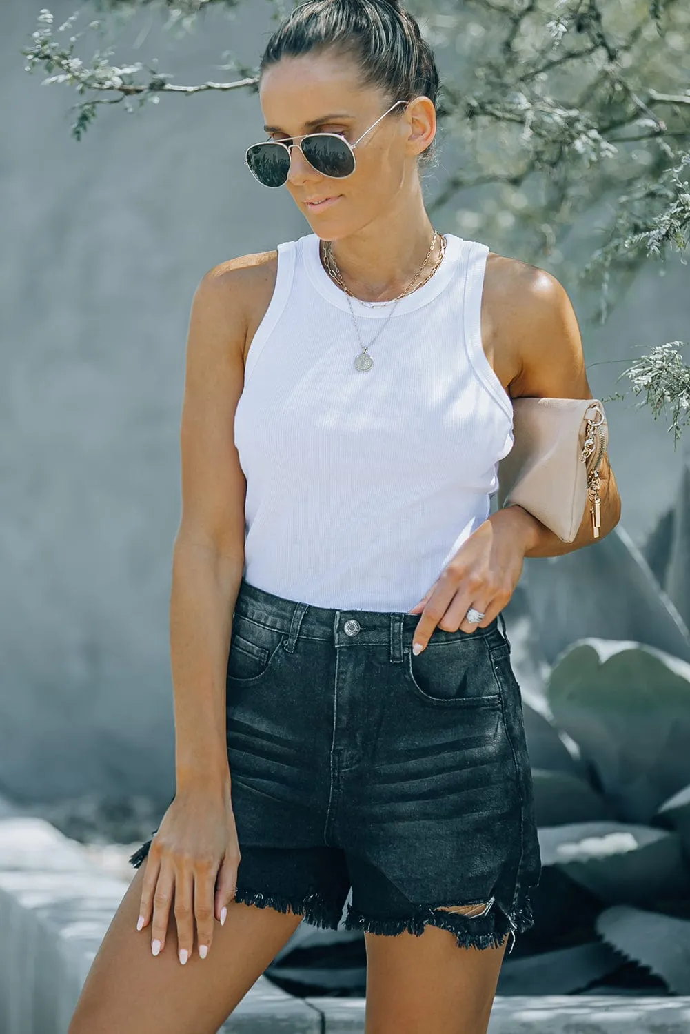 Black Frayed Denim Shorts with High Waist