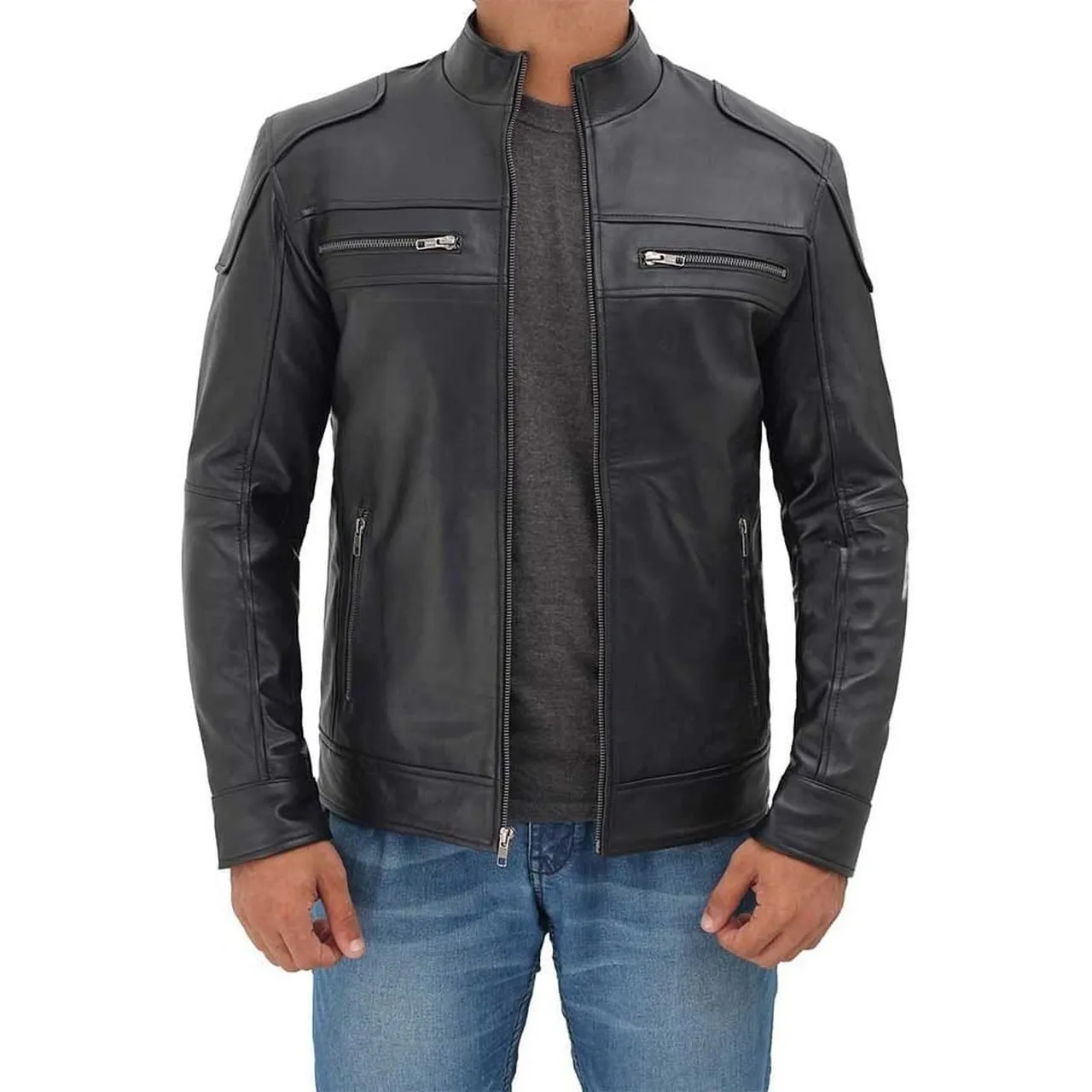 Black Lambskin Leather Motorcycle Jacket Men