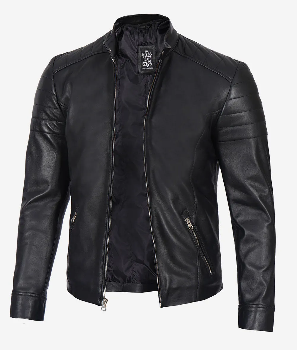 Black Leather Cafe Racer Jacket With Snap Button Collar