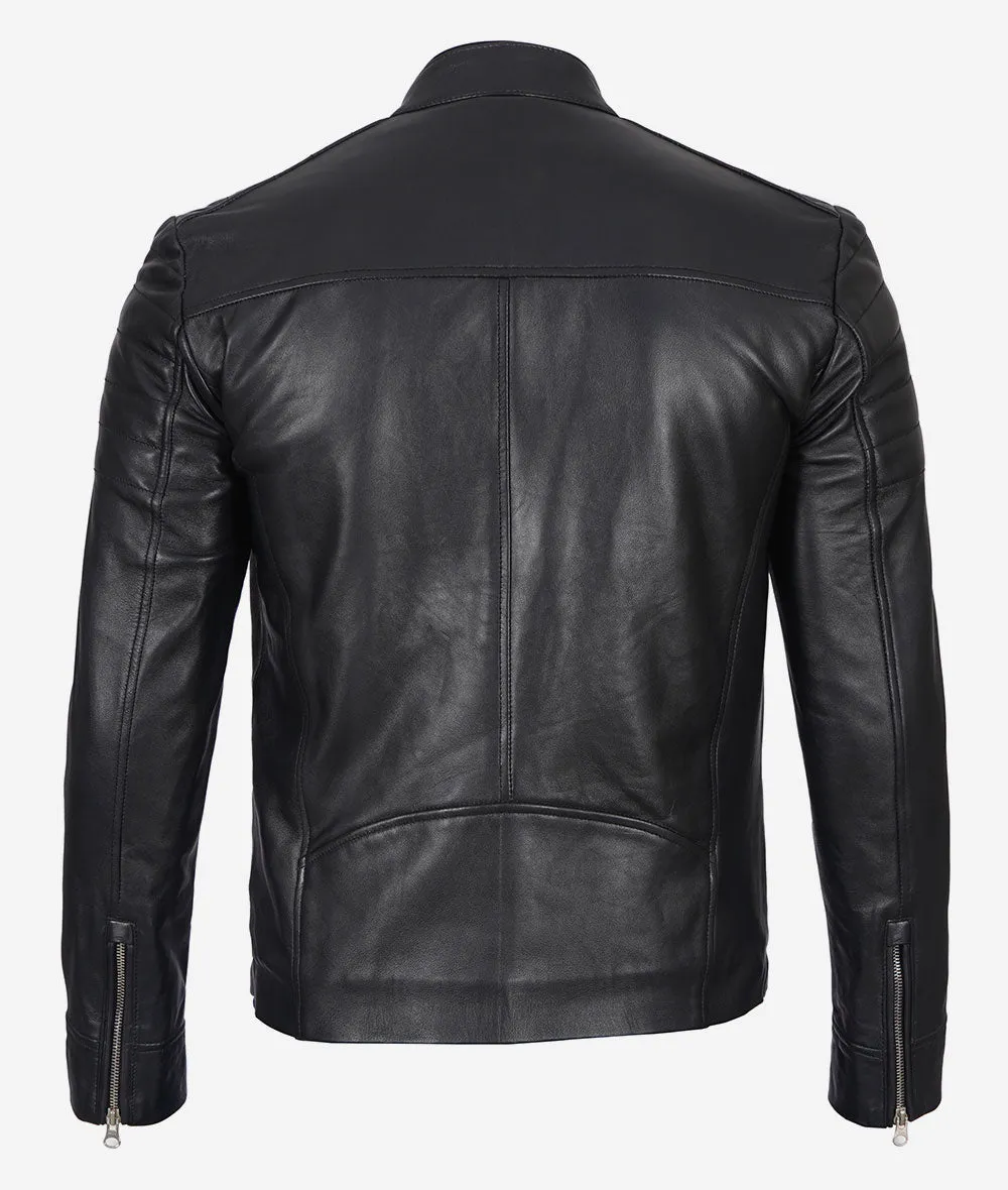 Black Leather Cafe Racer Jacket With Snap Button Collar