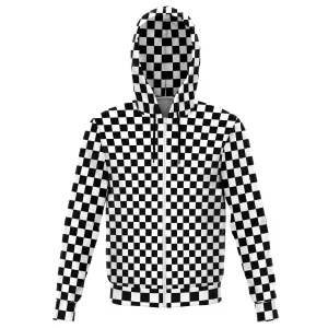 Black White Check Zip Up Hoodie, Checkered Racing Front Zip Pocket Men Women Adult Aesthetic Graphic Cotton Hooded Sweatshirt