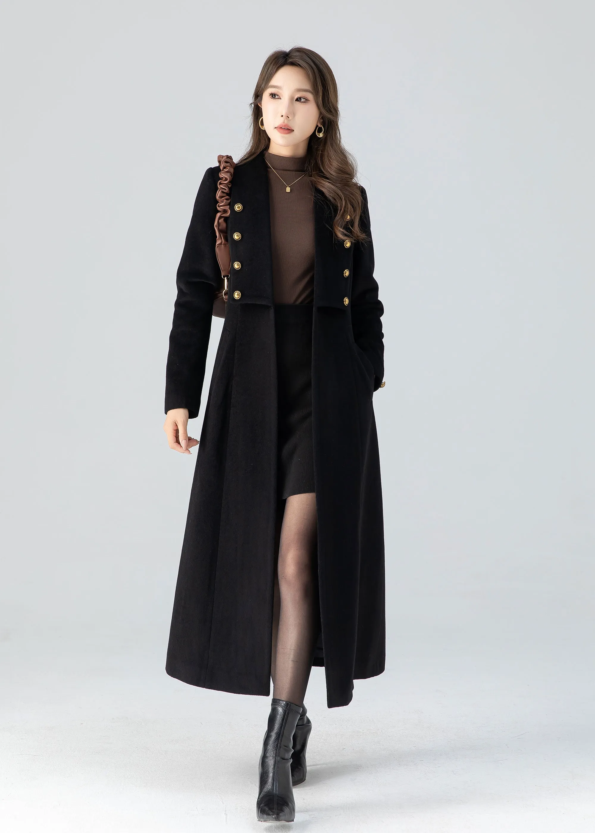 Black winter long wool coat women 4783