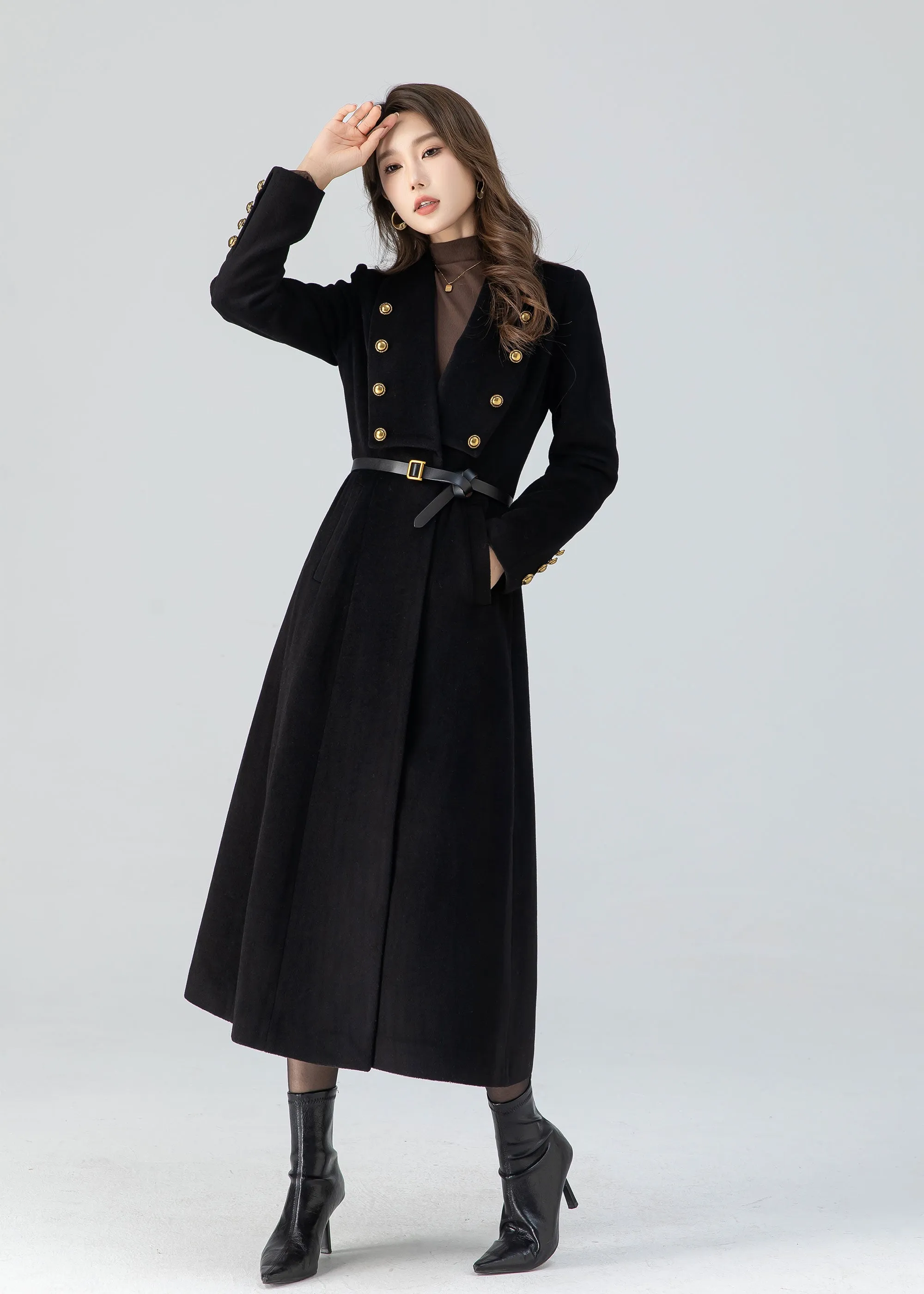 Black winter long wool coat women 4783