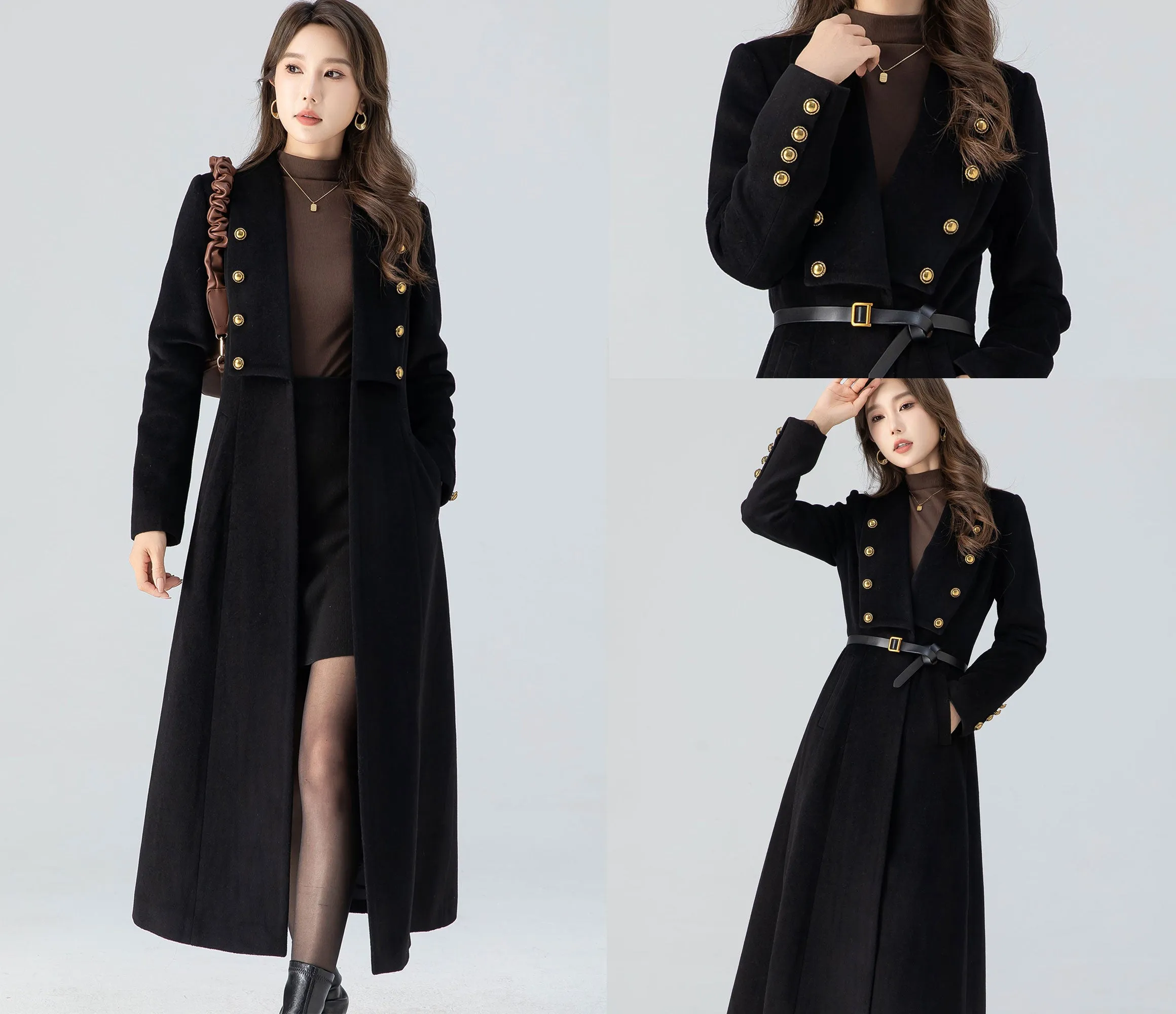 Black winter long wool coat women 4783