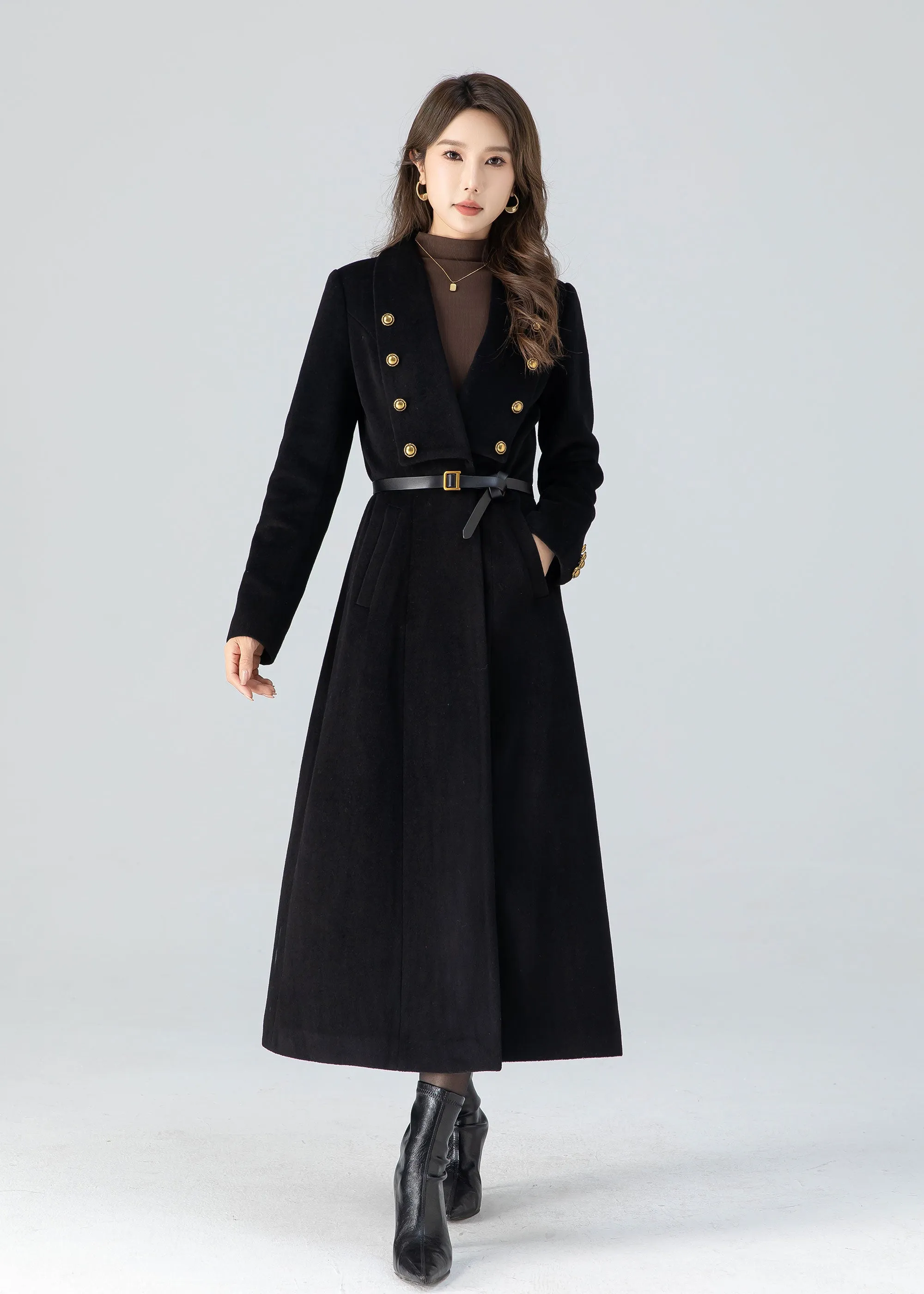 Black winter long wool coat women 4783