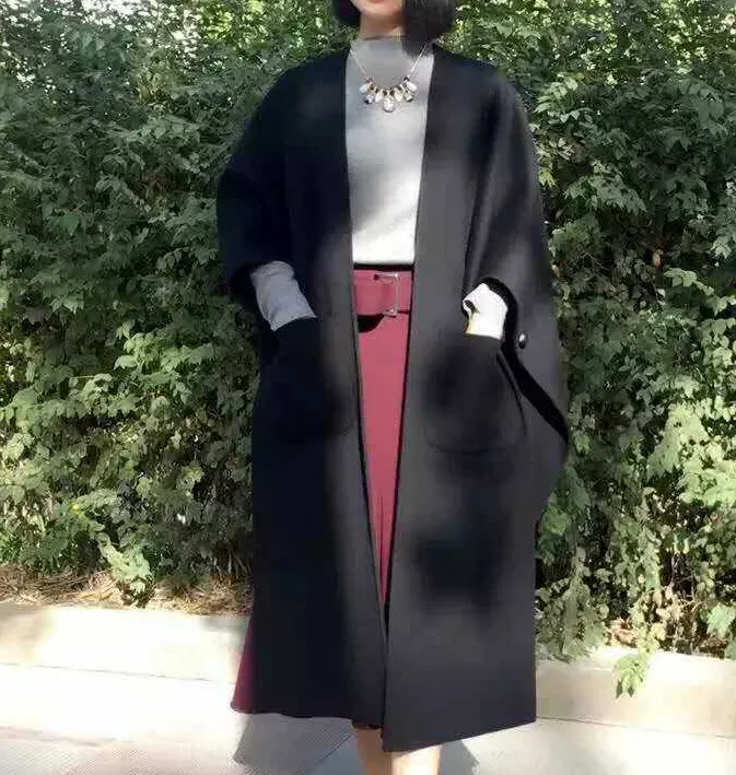 Black Women Winter Black Long Women Wool Coat Jacket/5576