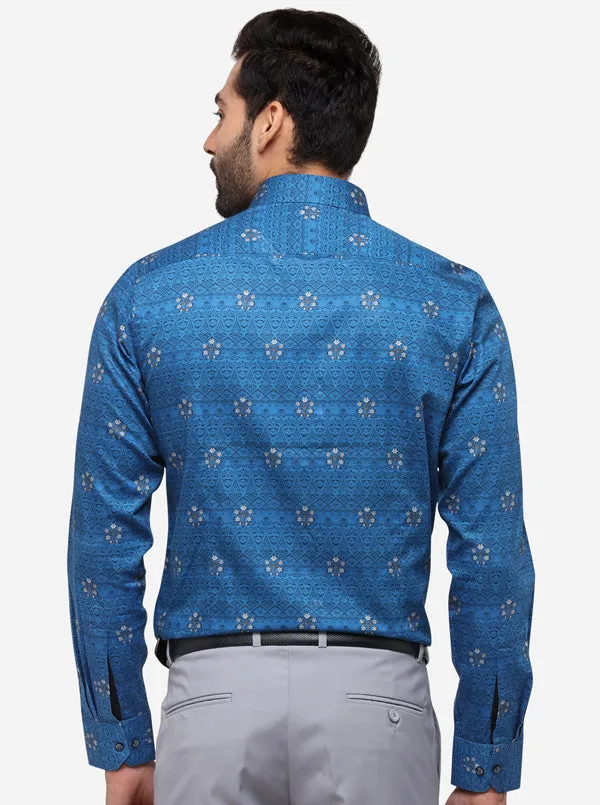 Blue & Grey Printed Slim Fit Party Wear Shirt | Wyre