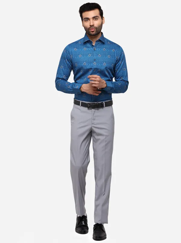 Blue & Grey Printed Slim Fit Party Wear Shirt | Wyre