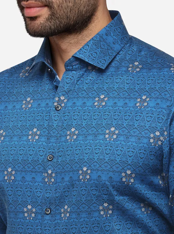 Blue & Grey Printed Slim Fit Party Wear Shirt | Wyre