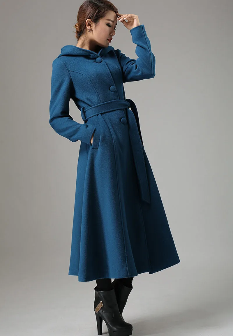 Blue wool swing coat - womens long coat with warm hood 0739#