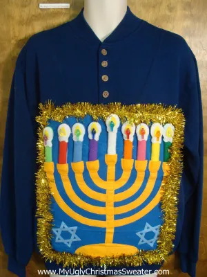 Bright Blue Hanukkah Sweater with Menorah