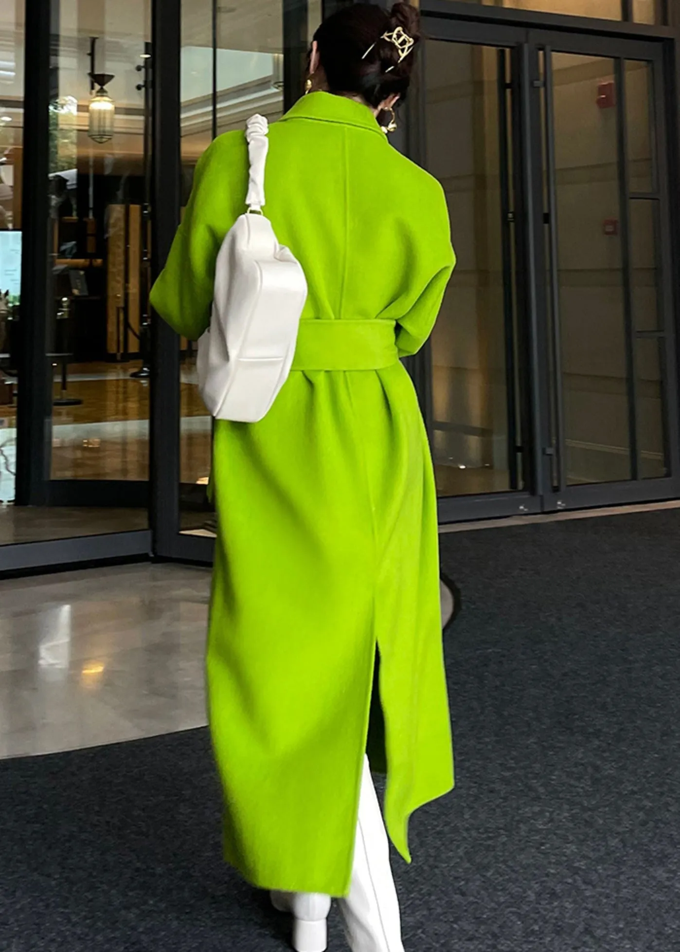 Bright Green Belted Wool Wrap Long Coat