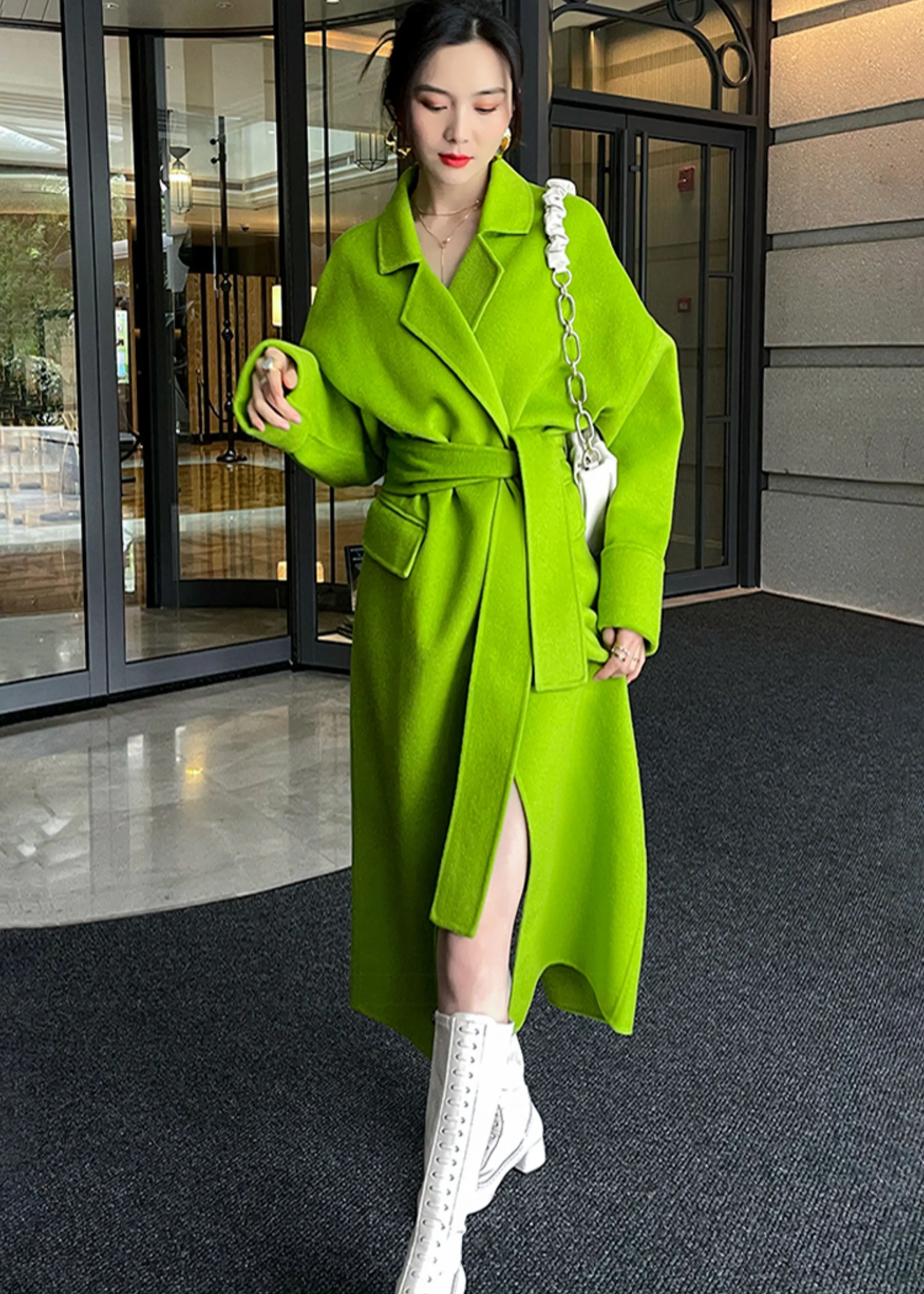 Bright Green Belted Wool Wrap Long Coat