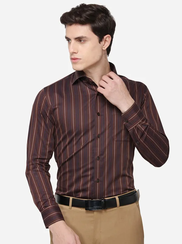 Brown Striped Slim Fit Formal Shirt | Metal