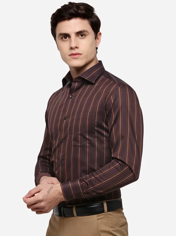 Brown Striped Slim Fit Formal Shirt | Metal