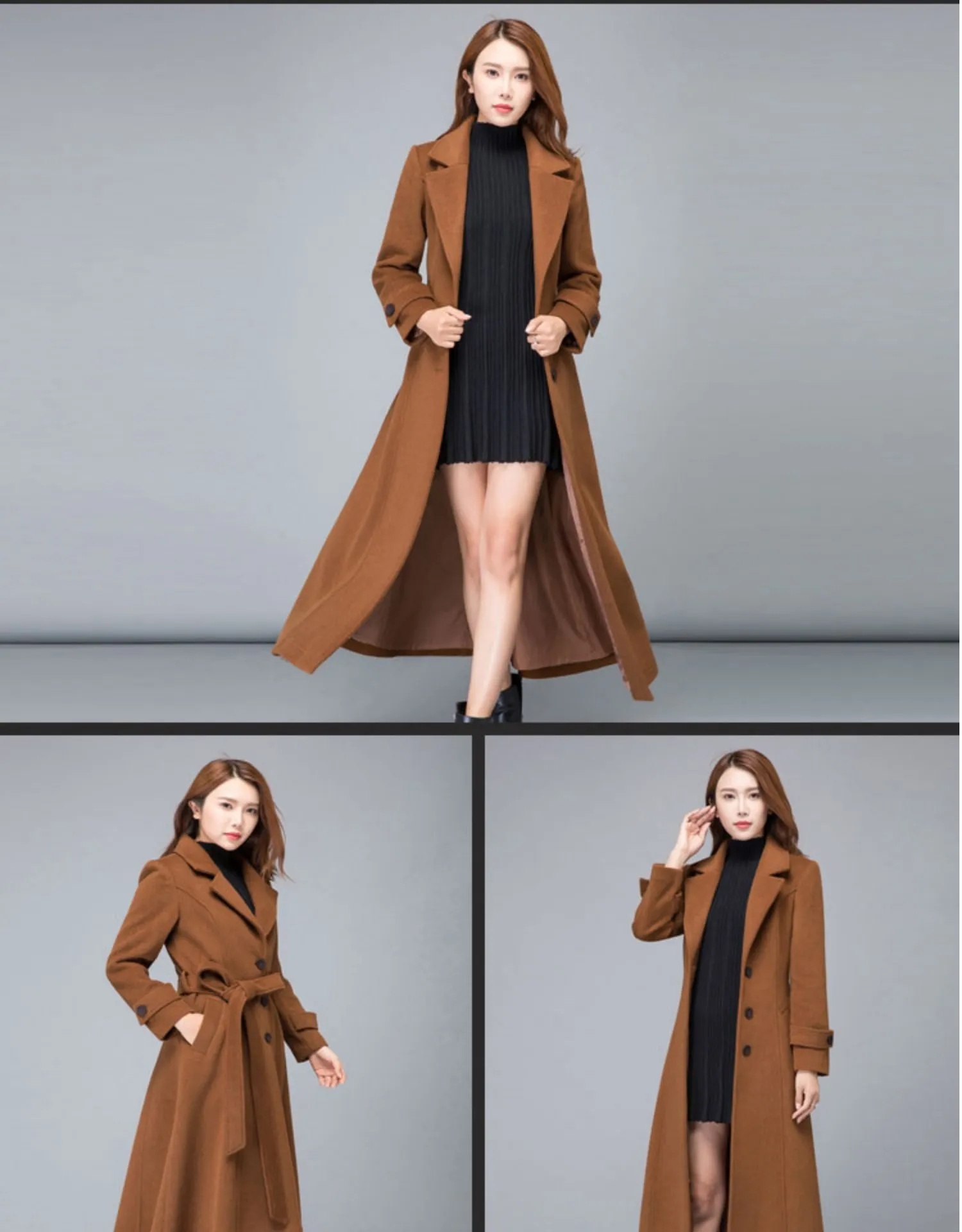 Brown winter fall Long coat with belt 2475