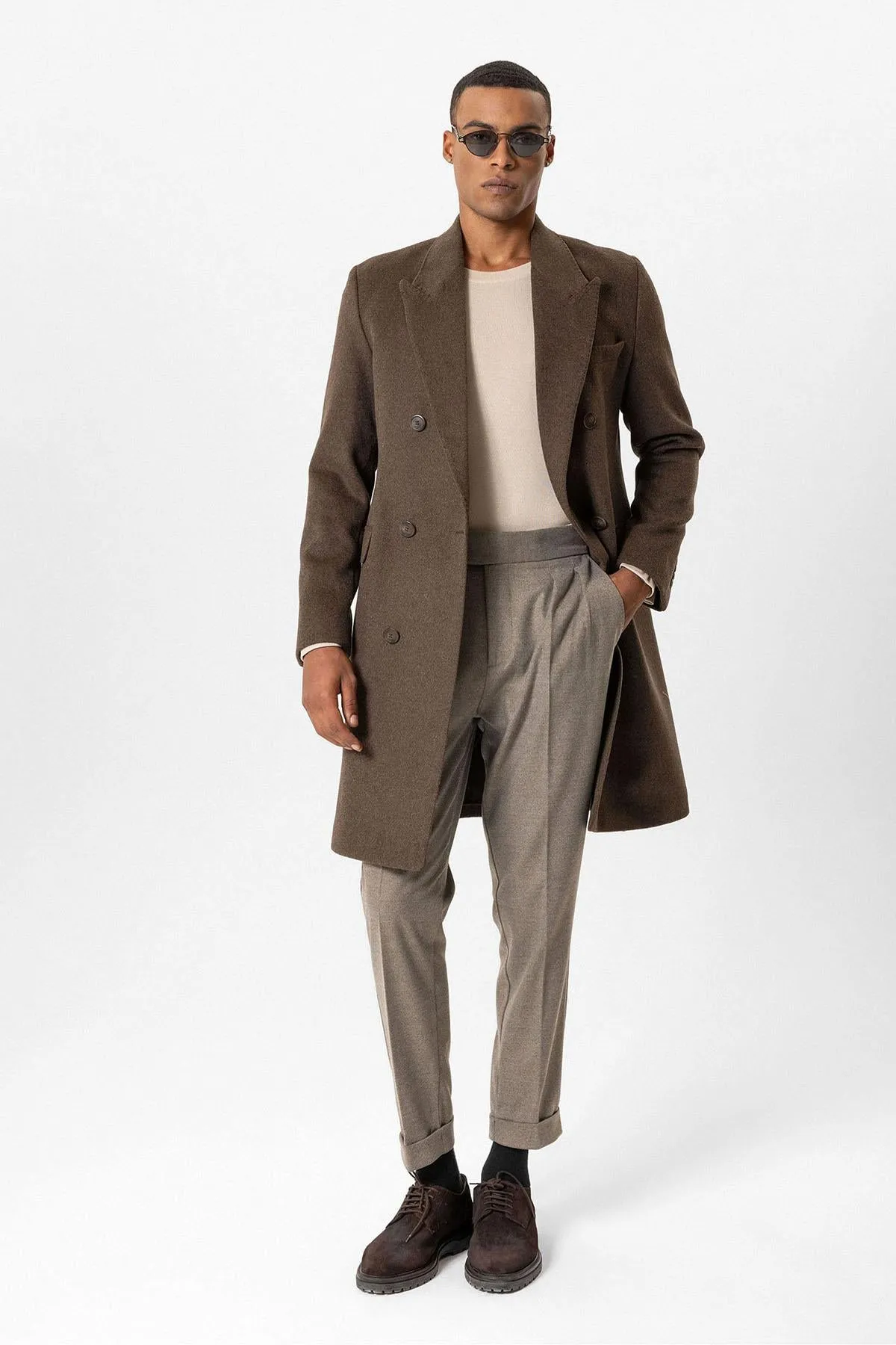 Brown Wool-Blend Double-Breasted Men's Coat - Wessi