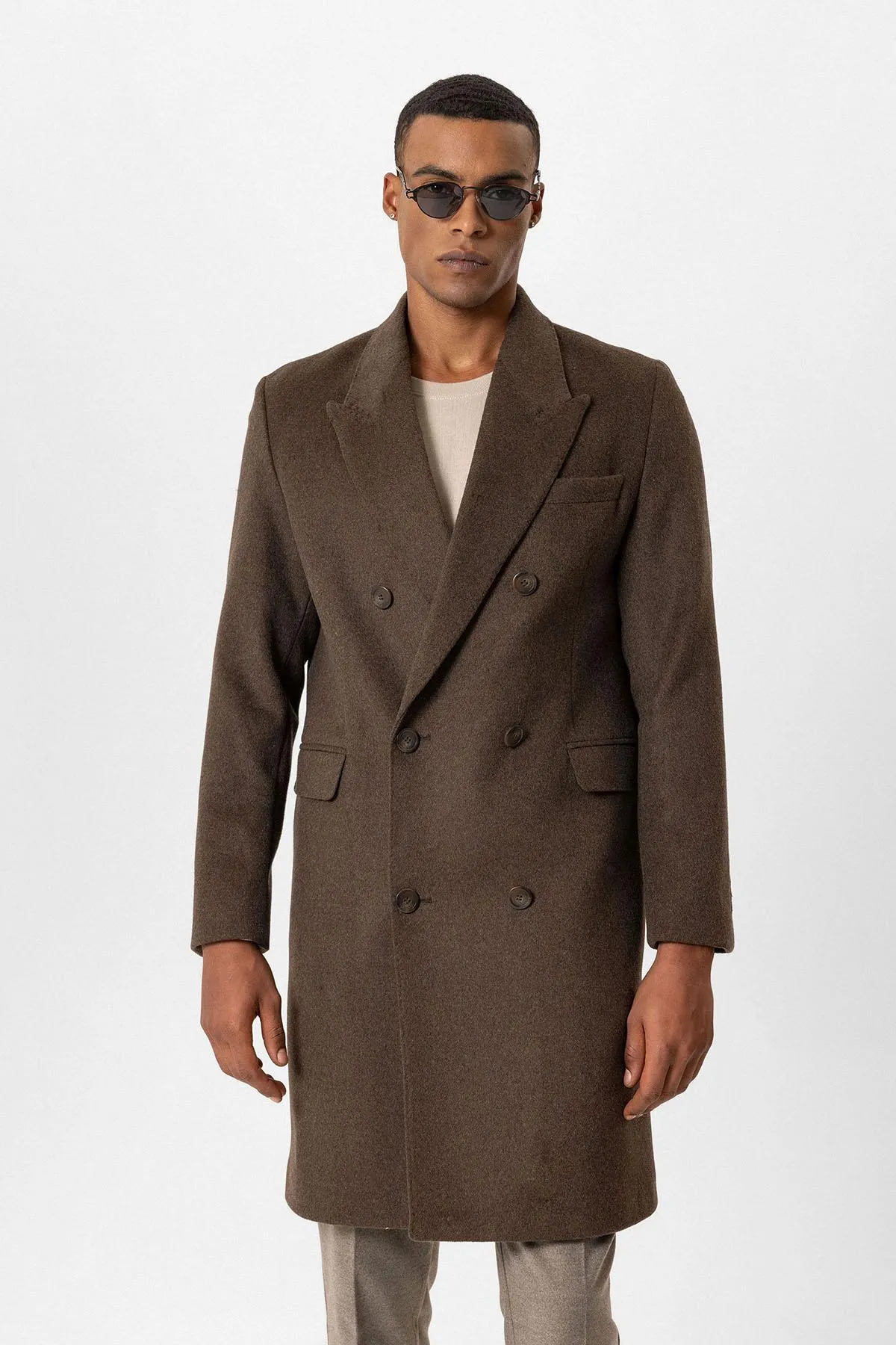 Brown Wool-Blend Double-Breasted Men's Coat - Wessi