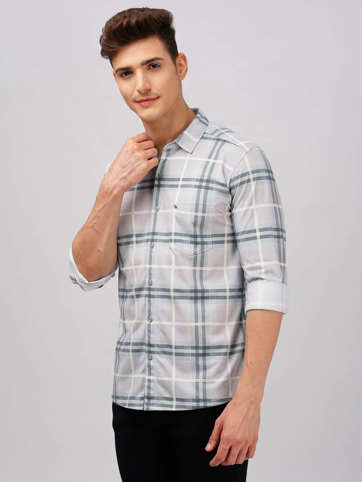 BULLMER Trendy Mint Regular Fit Checked Causal Full sleeve Shirt For Men.