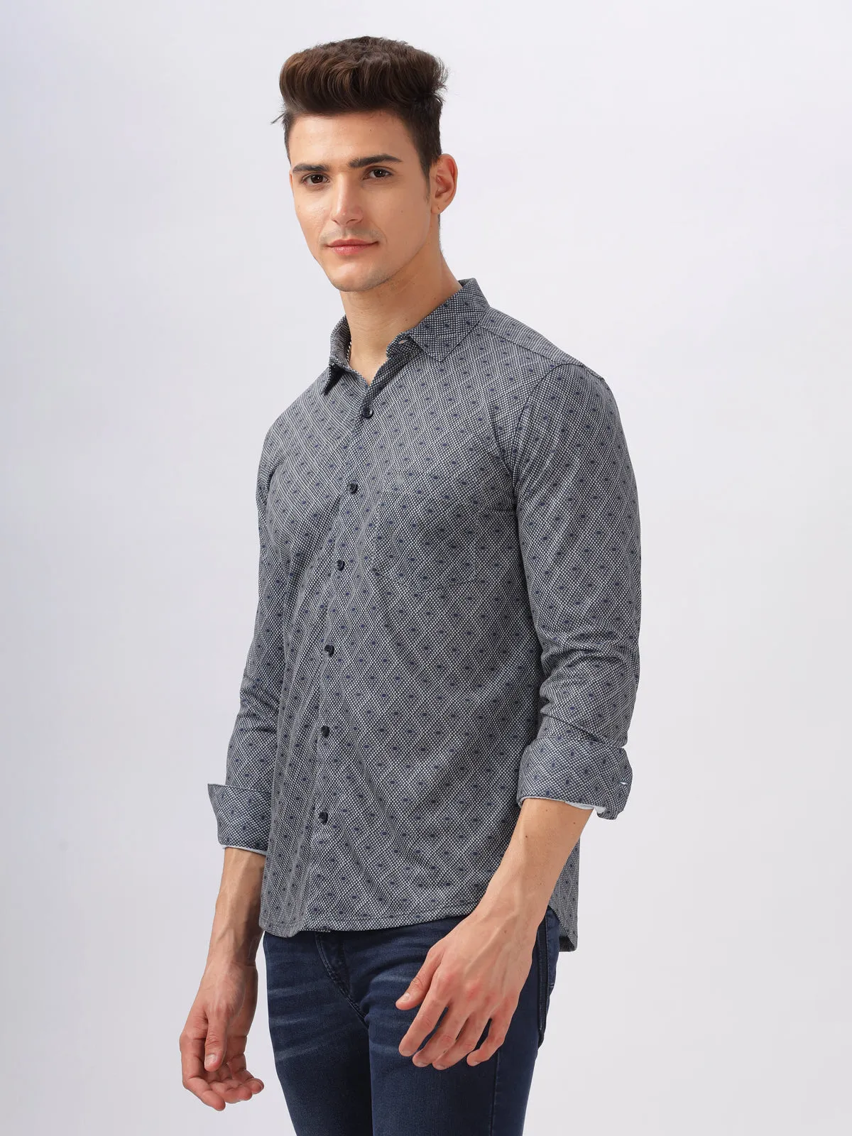 BULLMER Trendy Navy Regular Fit Printed Causal Full sleeve Shirt For Men.