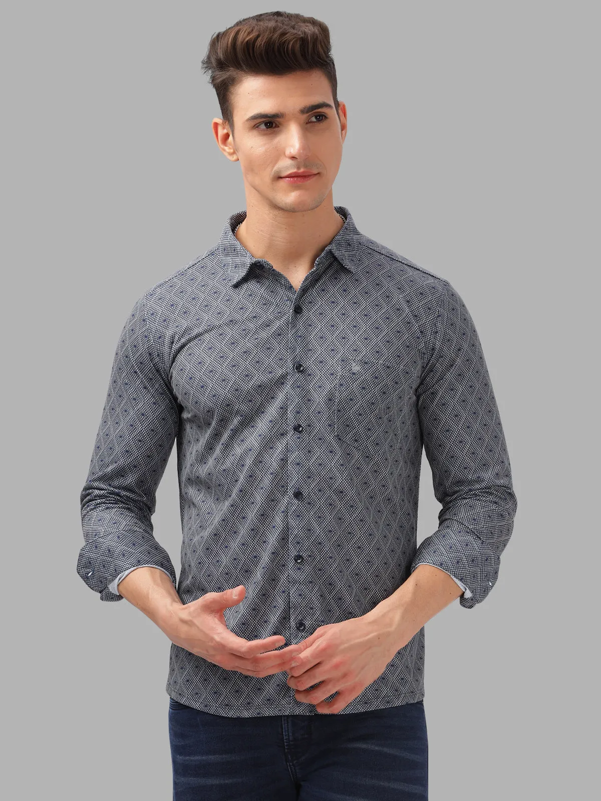 BULLMER Trendy Navy Regular Fit Printed Causal Full sleeve Shirt For Men.