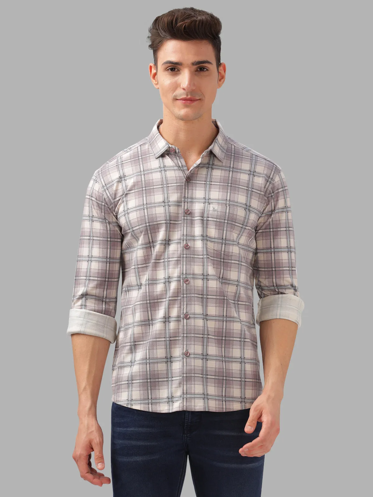 BULLMER Trendy Purple Regular Fit Checked Causal Full sleeve Shirt For Men.