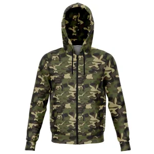 Camo Green Zip Up Hoodie, Camouflage Army Front Zip Pocket Men Women Adult Aesthetic Graphic Cotton Hooded Sweatshirt