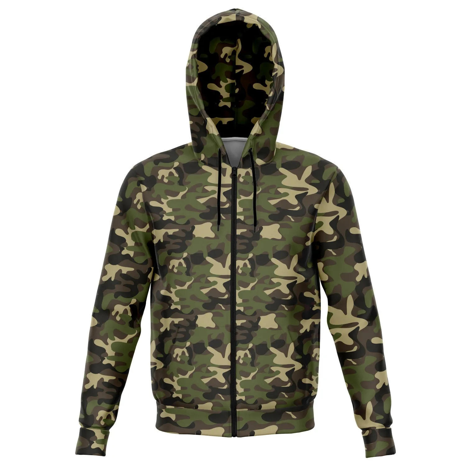 Camo Green Zip Up Hoodie, Camouflage Army Front Zip Pocket Men Women Adult Aesthetic Graphic Cotton Hooded Sweatshirt