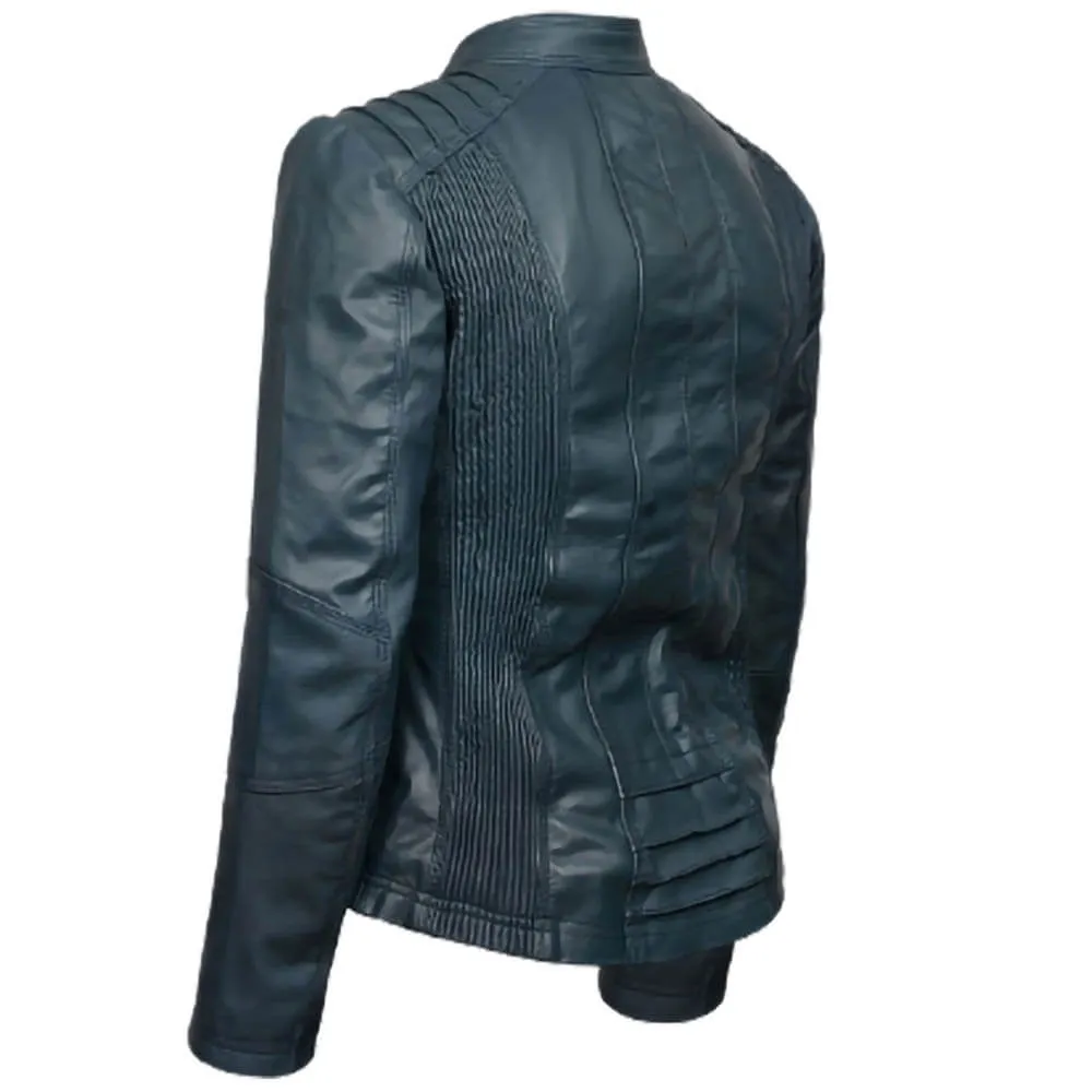 Classic Style Womens Cafe Racer Green Biker Leather Jacket