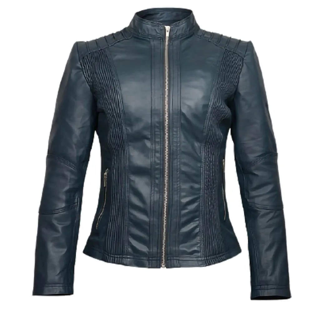 Classic Style Womens Cafe Racer Green Biker Leather Jacket