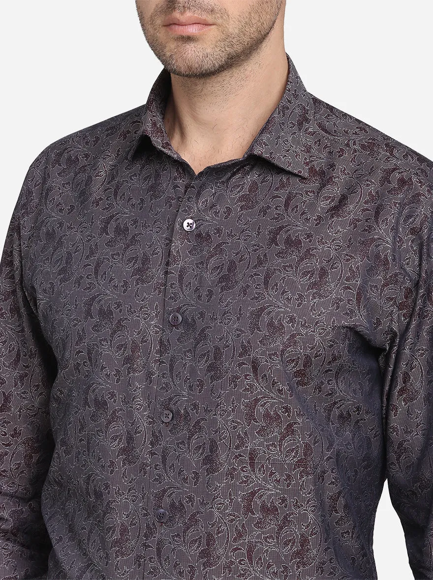 Coffee Brown Printed Slim Fit Formal Shirt  | Metal