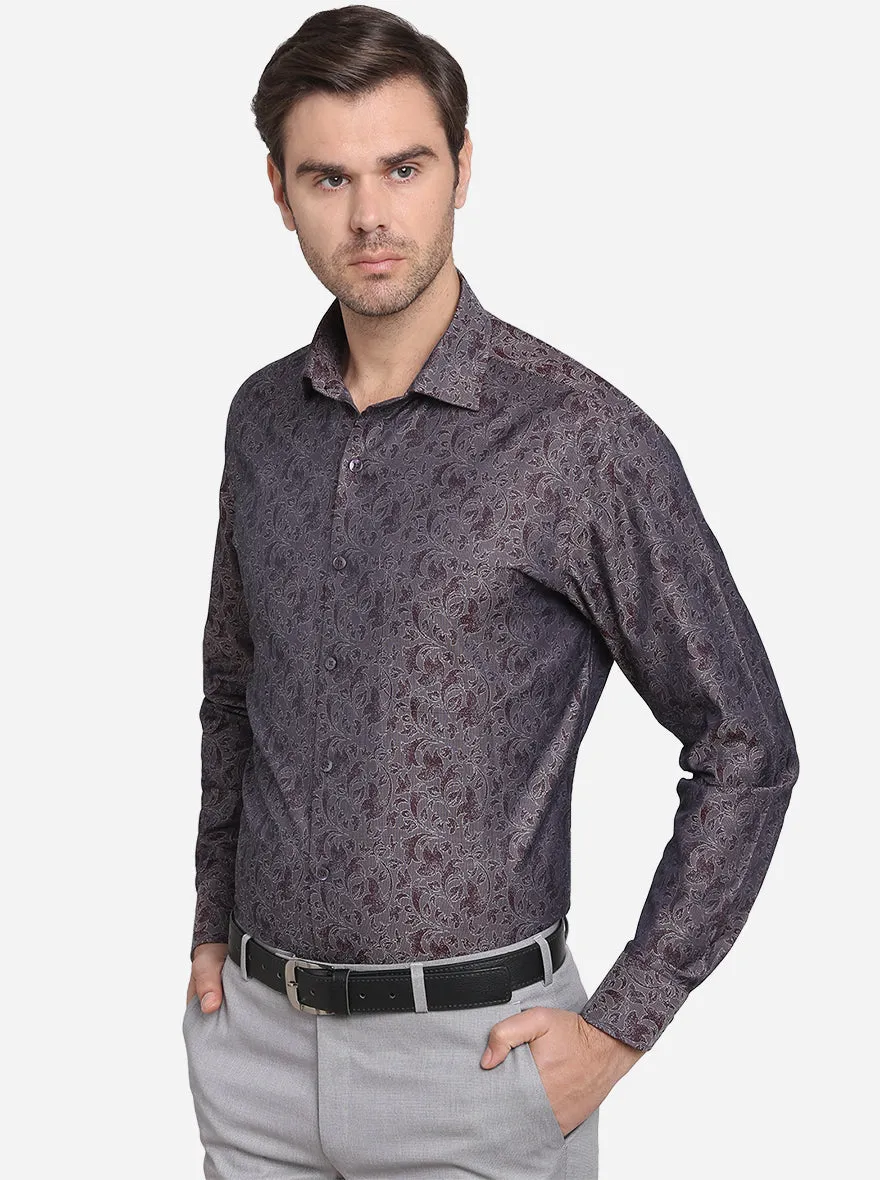 Coffee Brown Printed Slim Fit Formal Shirt  | Metal